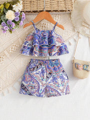 2pcs Girls Paisley Print Ruffle Cami Top & Shorts Set - Periwinkle ...