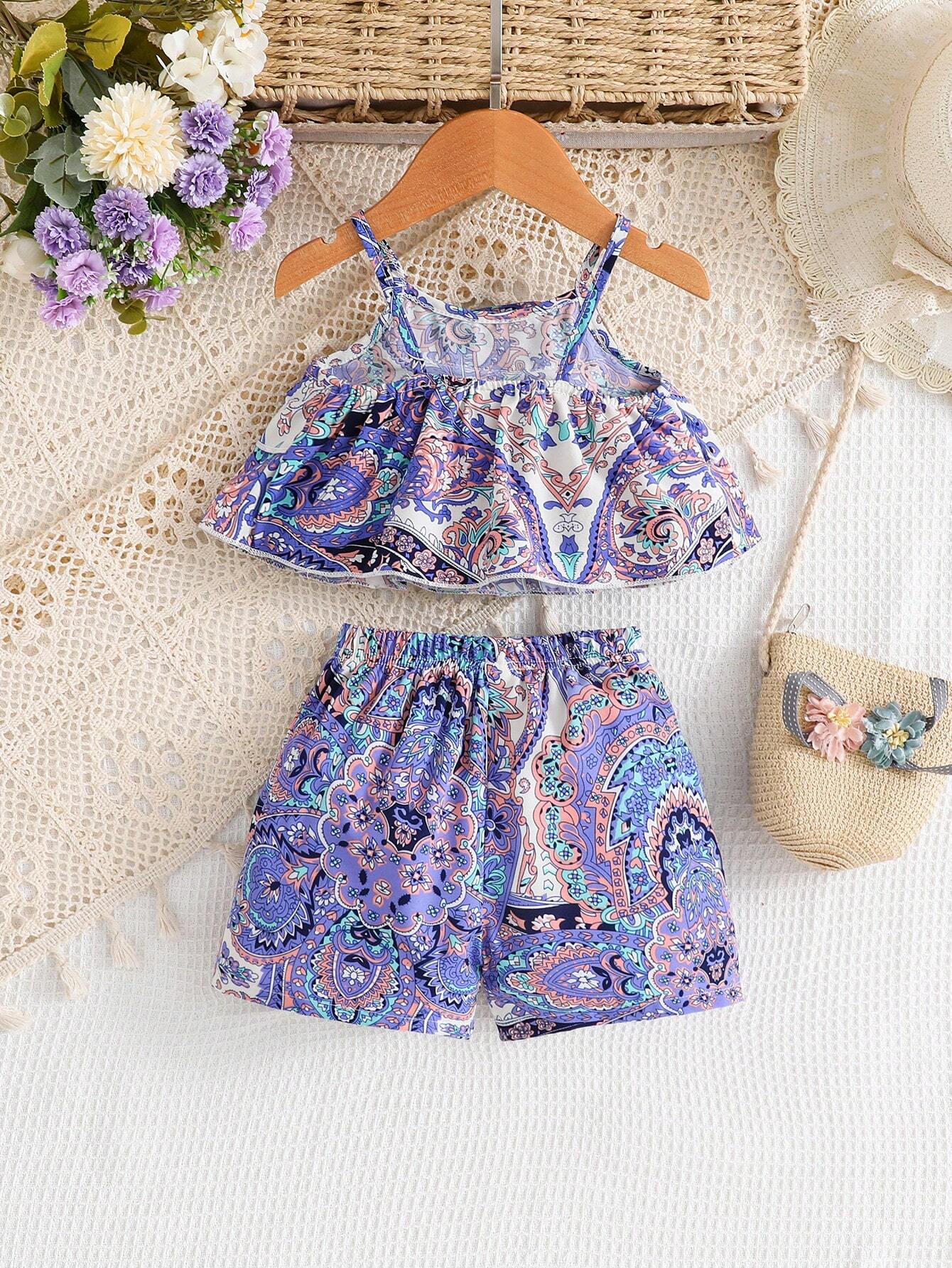 2pcs Girls Paisley Print Ruffle Cami Top & Shorts Set - Periwinkle ...