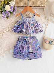 2pcs Girls Paisley Print Ruffle Cami Top & Shorts Set - Periwinkle ...