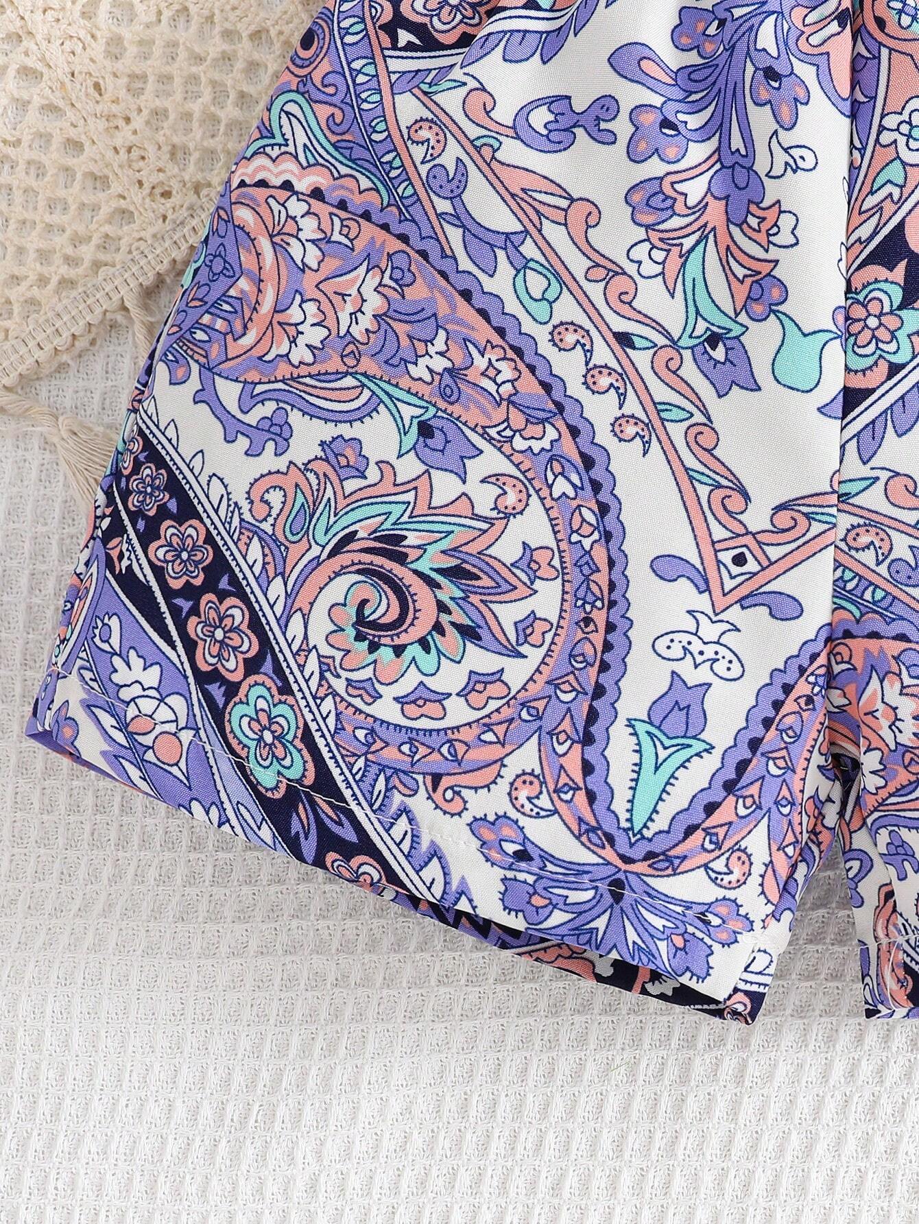 2pcs Girls Paisley Print Ruffle Cami Top & Shorts Set - Periwinkle ...