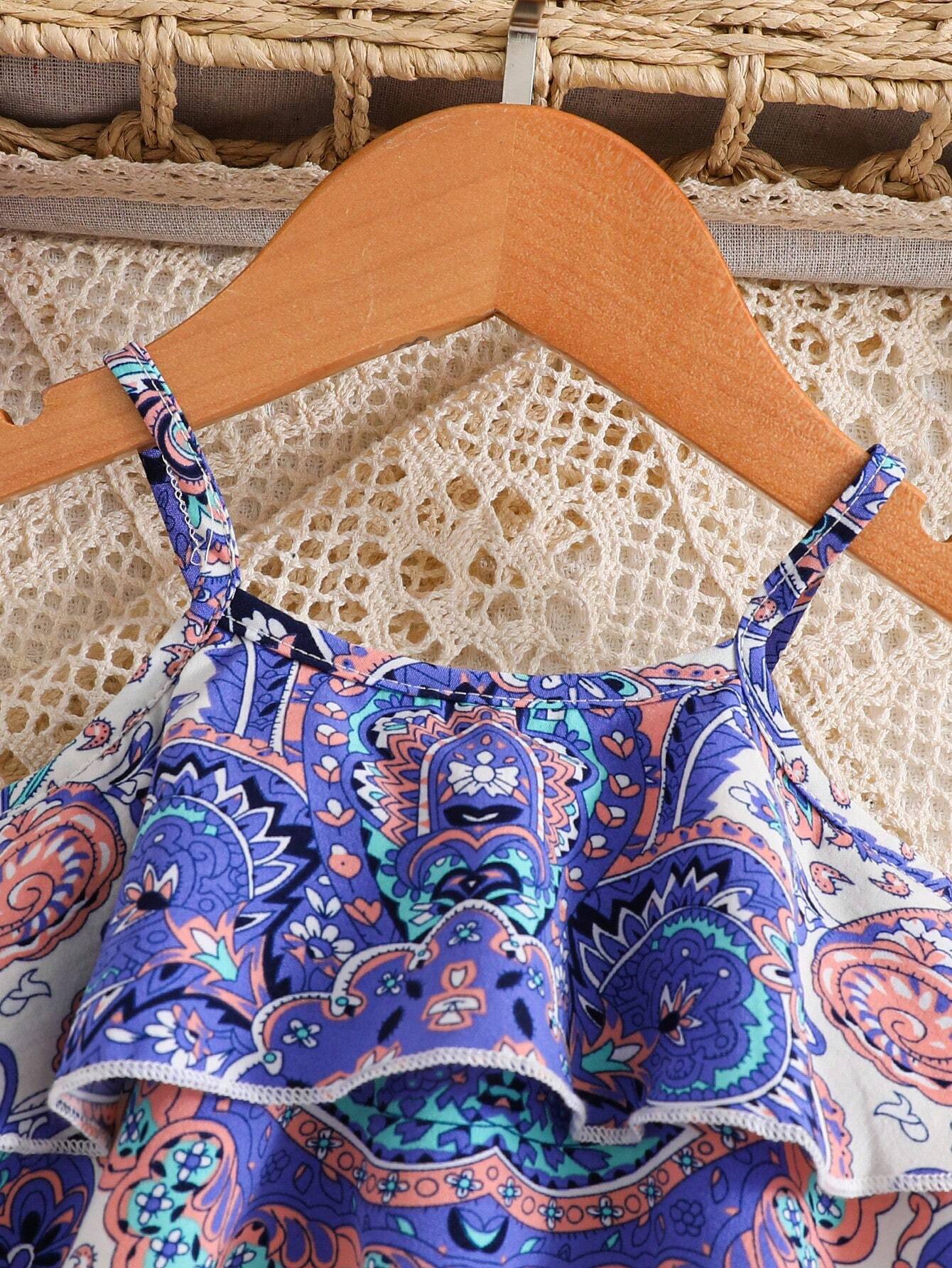 2pcs Girls Paisley Print Ruffle Cami Top & Shorts Set - Periwinkle ...