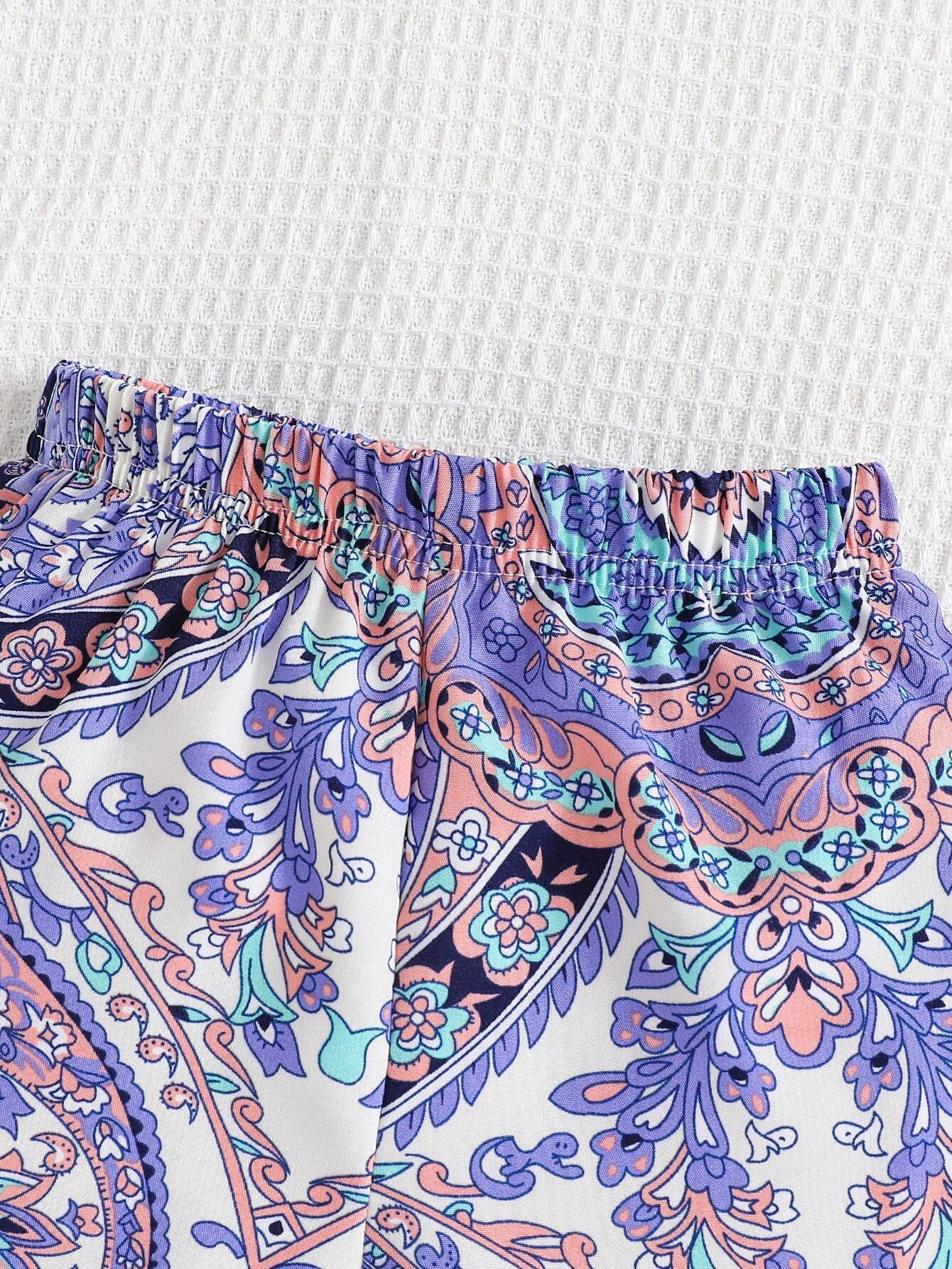 2pcs Girls Paisley Print Ruffle Cami Top & Shorts Set - Periwinkle ...