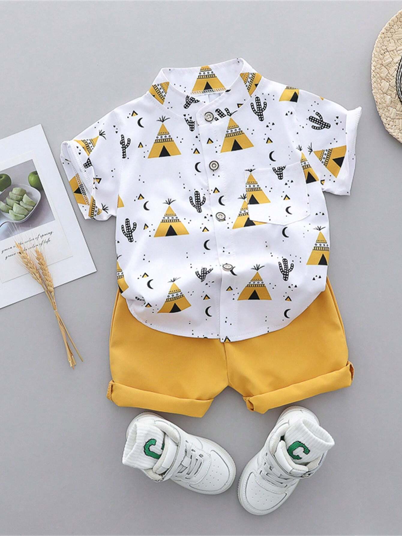 2pcs Boys Teepee Print Mandarin Collar Shirt & Shorts Set - Ivory |...