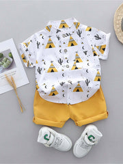 2pcs Boys Teepee Print Mandarin Collar Shirt & Shorts Set - Ivory |...