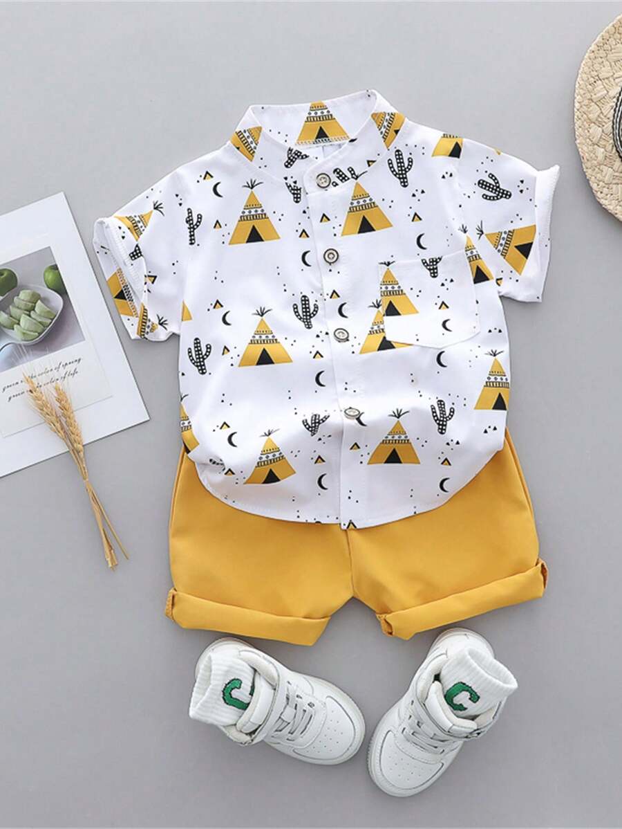 2pcs Boys Teepee Print Mandarin Collar Shirt & Shorts Set - Ivory |...