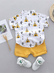 2pcs Boys Teepee Print Mandarin Collar Shirt & Shorts Set - Ivory |...