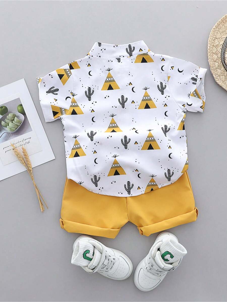 2pcs Boys Teepee Print Mandarin Collar Shirt & Shorts Set - Ivory |...