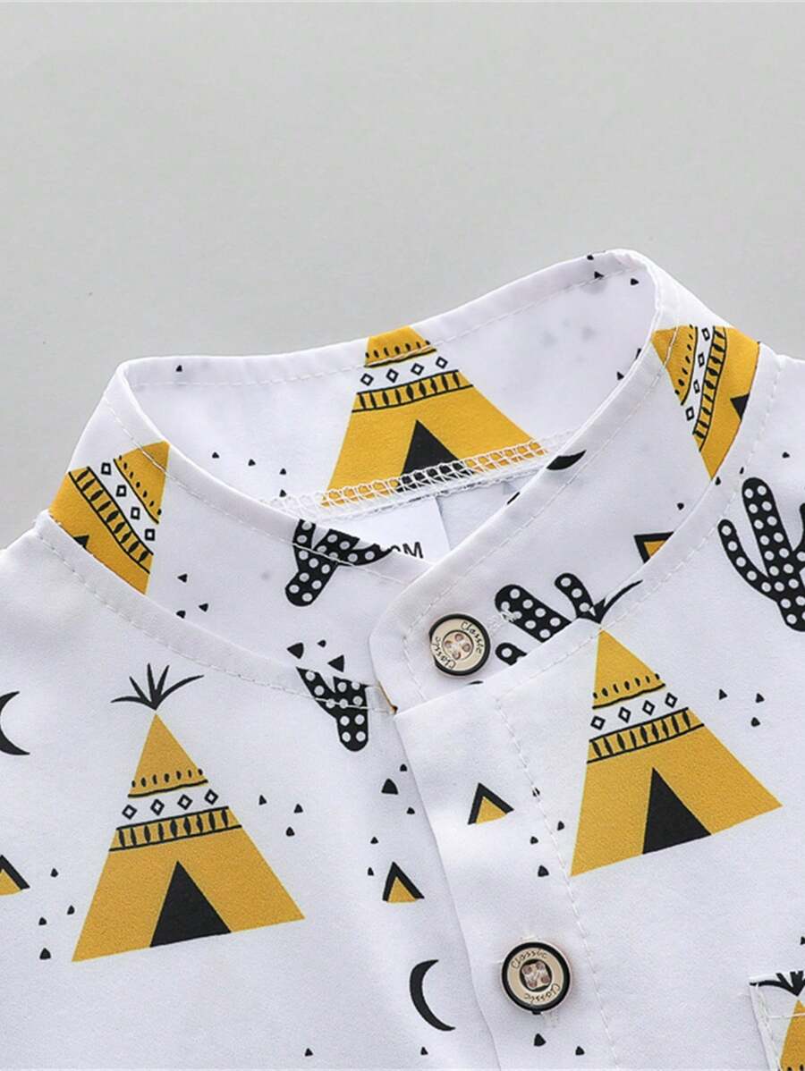 2pcs Boys Teepee Print Mandarin Collar Shirt & Shorts Set - Ivory |...
