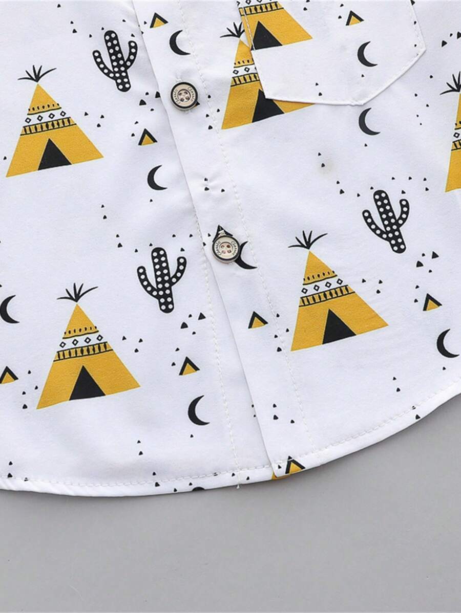 2pcs Boys Teepee Print Mandarin Collar Shirt & Shorts Set - Ivory |...