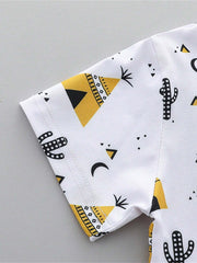 2pcs Boys Teepee Print Mandarin Collar Shirt & Shorts Set - Ivory |...