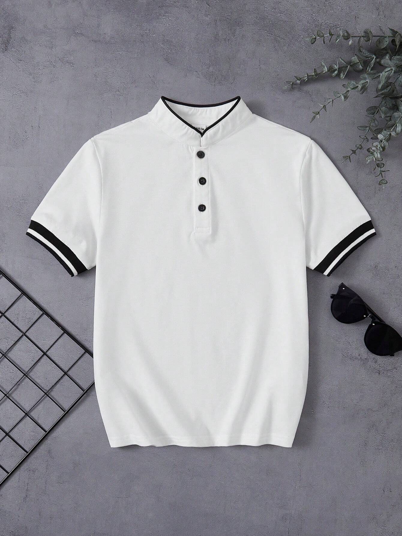 Boys Contrast Tipped Stand Collar Henley Polo - Ivory | 21 Century ...