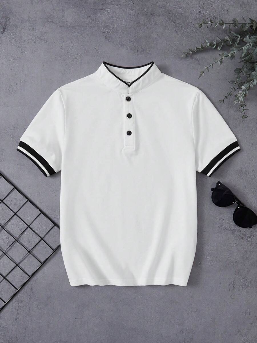 Boys Contrast Tipped Stand Collar Henley Polo - Ivory | 21 Century ...