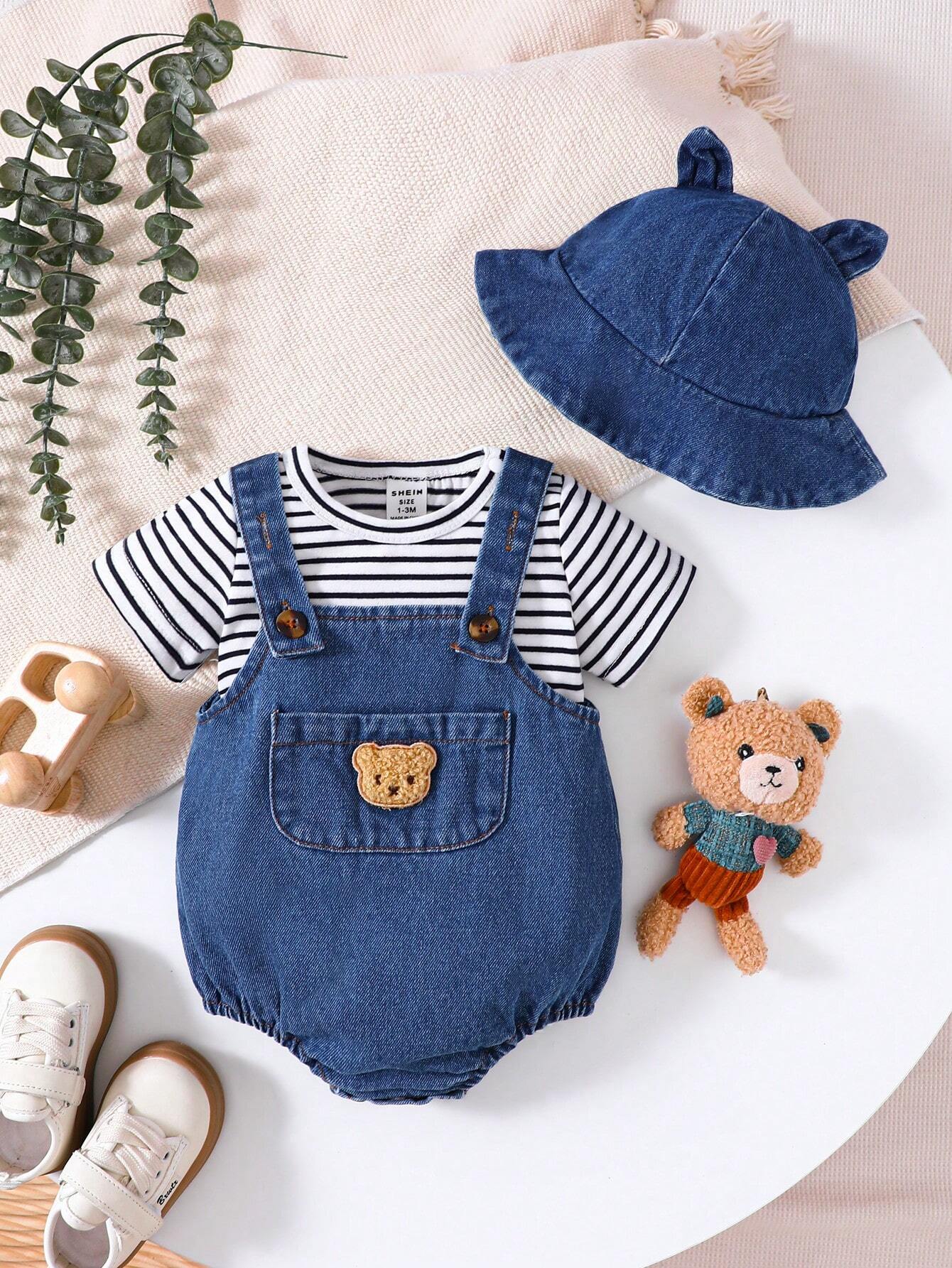 3pcs Baby Boys Stripe Tee & Bear Denim Dungaree Set - Cobalt | 21 C...