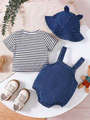 3pcs Baby Boys Stripe Tee & Bear Denim Dungaree Set - Cobalt | 21 C...
