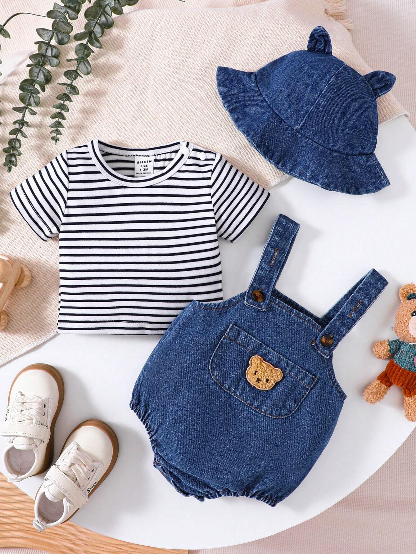 3pcs Baby Boys Stripe Tee & Bear Denim Dungaree Set - Cobalt | 21 C...