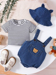 3pcs Baby Boys Stripe Tee & Bear Denim Dungaree Set - Cobalt | 21 C...