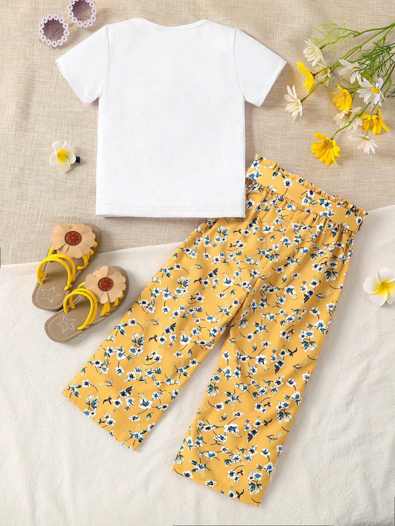 2pcs Girls Graphic Tee & Floral Trousers Set - Ochre | 21 Century Kids