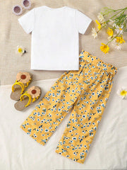 2pcs Girls Graphic Tee & Floral Trousers Set - Ochre | 21 Century Kids