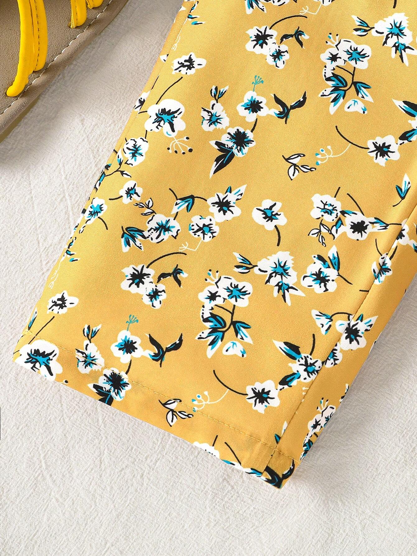 2pcs Girls Graphic Tee & Floral Trousers Set - Ochre | 21 Century Kids