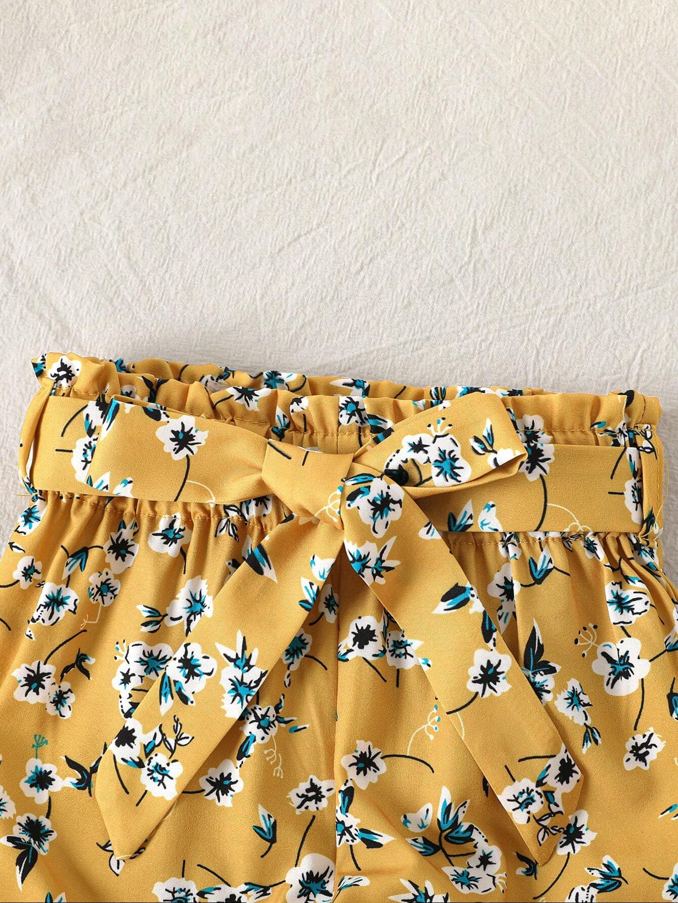 2pcs Girls Graphic Tee & Floral Trousers Set - Ochre | 21 Century Kids