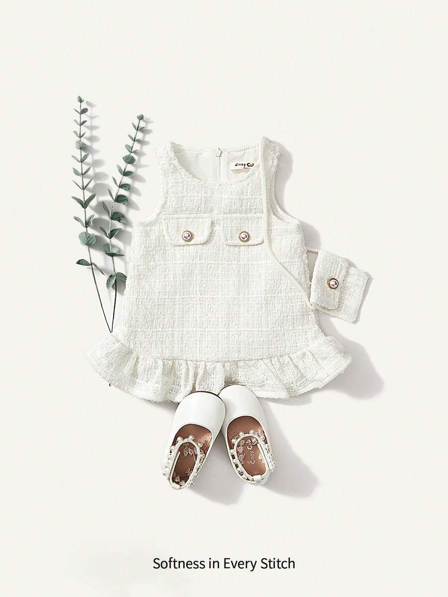 2pcs Girls Tweed Ruffle Hem Dress & Crossbody Bag Set - Ivory | 21 ...