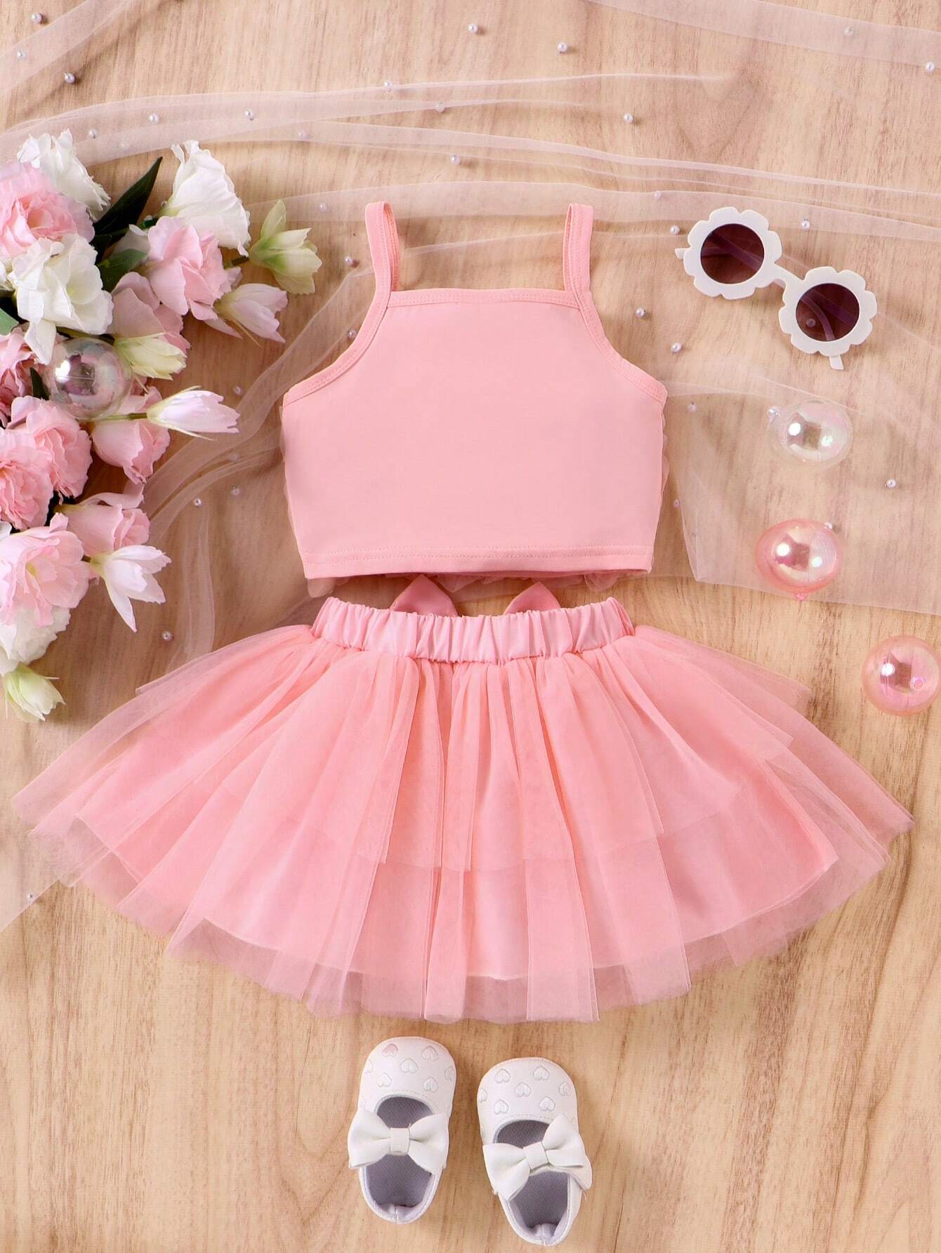 2pcs Girls 3D Rose Cami Top & Tutu Skirt Set - Blush | 21 Century Kids