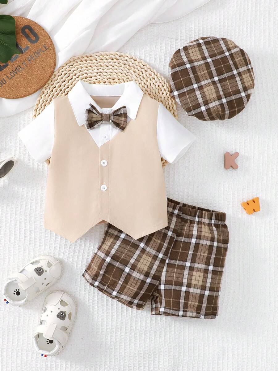 4pcs Boys Plaid Gentleman Shirt, Vest, Shorts & Cap Set - Buff | 21...
