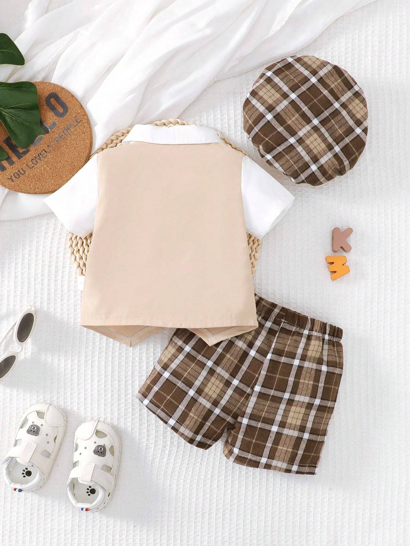 4pcs Boys Plaid Gentleman Shirt, Vest, Shorts & Cap Set - Buff | 21...