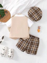 4pcs Boys Plaid Gentleman Shirt, Vest, Shorts & Cap Set - Buff | 21...