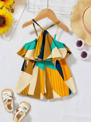 Girls Geometric Print Halterneck Ruffle Romper - Ochre | 21 Century...