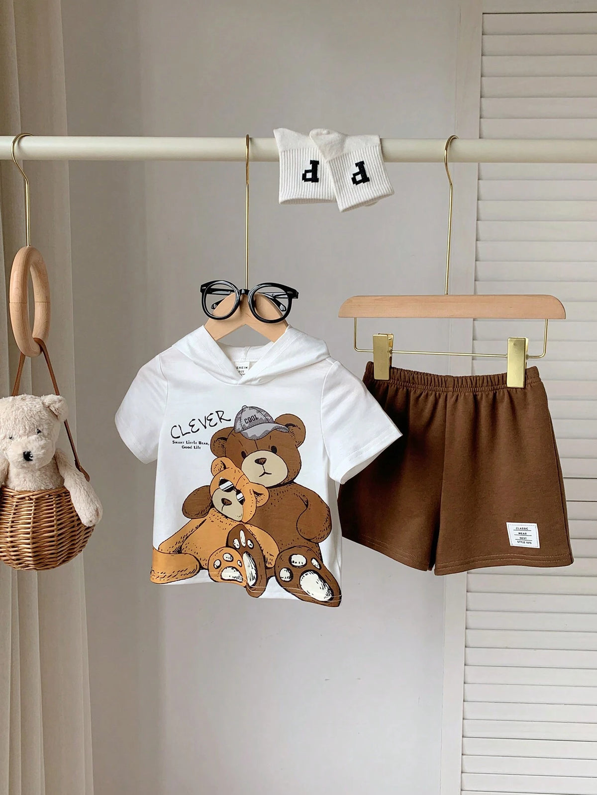 2pcs Unisex Clever Bear Graphic Hooded Tee & Shorts Set - Ivory | 2...