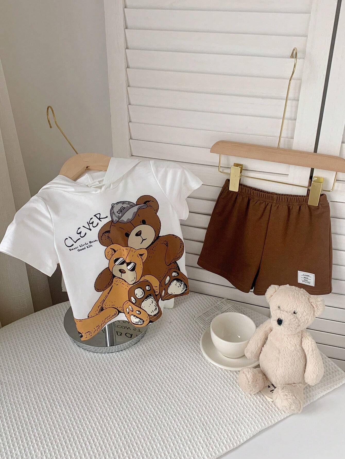2pcs Unisex Clever Bear Graphic Hooded Tee & Shorts Set - Ivory | 2...