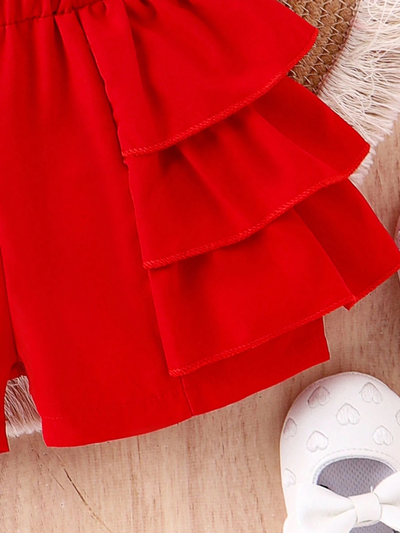 2pcs Girls Bow-Front Cami Top & Tiered Ruffle Shorts Set - Scarlet ...