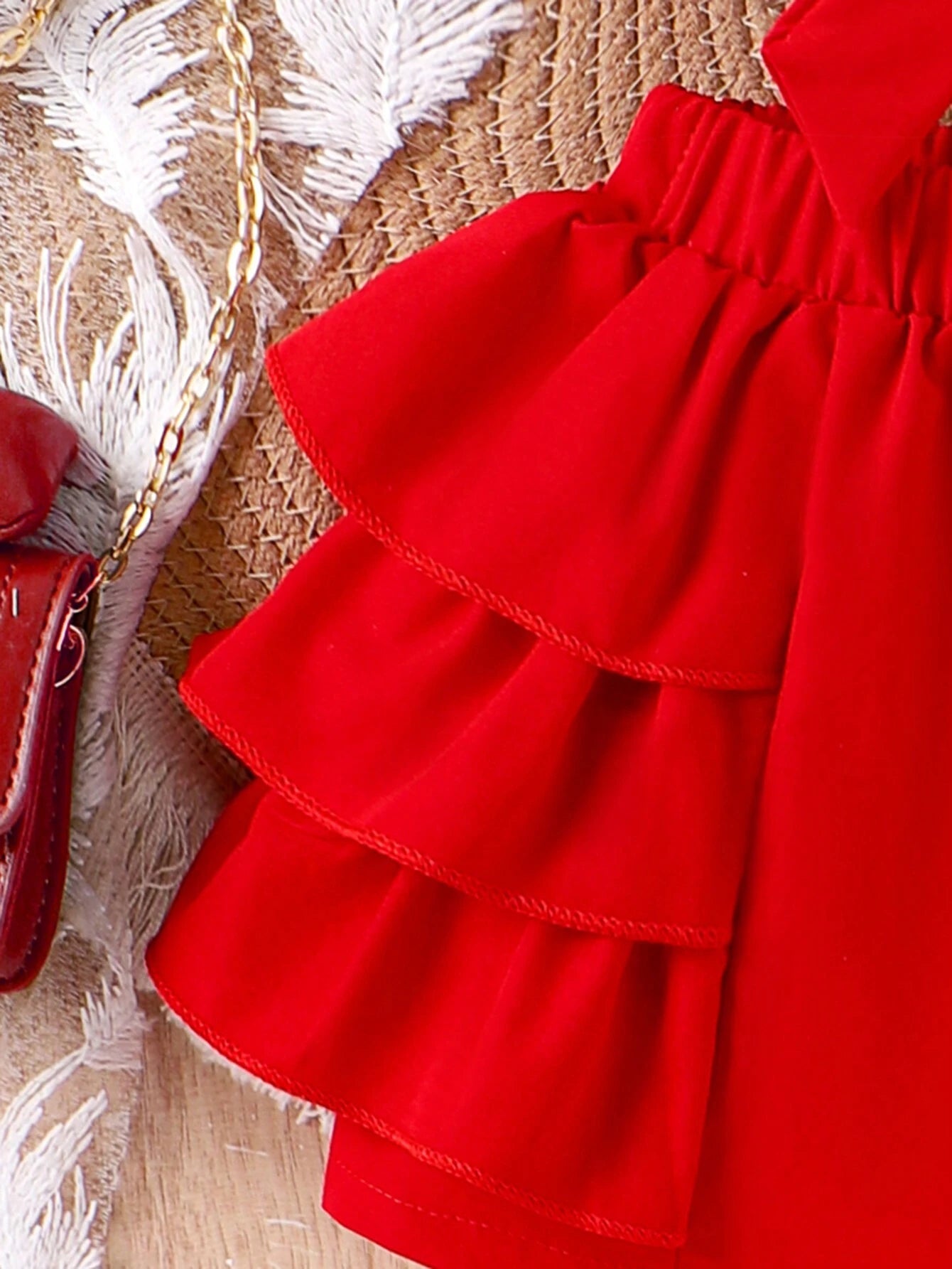 2pcs Girls Bow-Front Cami Top & Tiered Ruffle Shorts Set - Scarlet ...