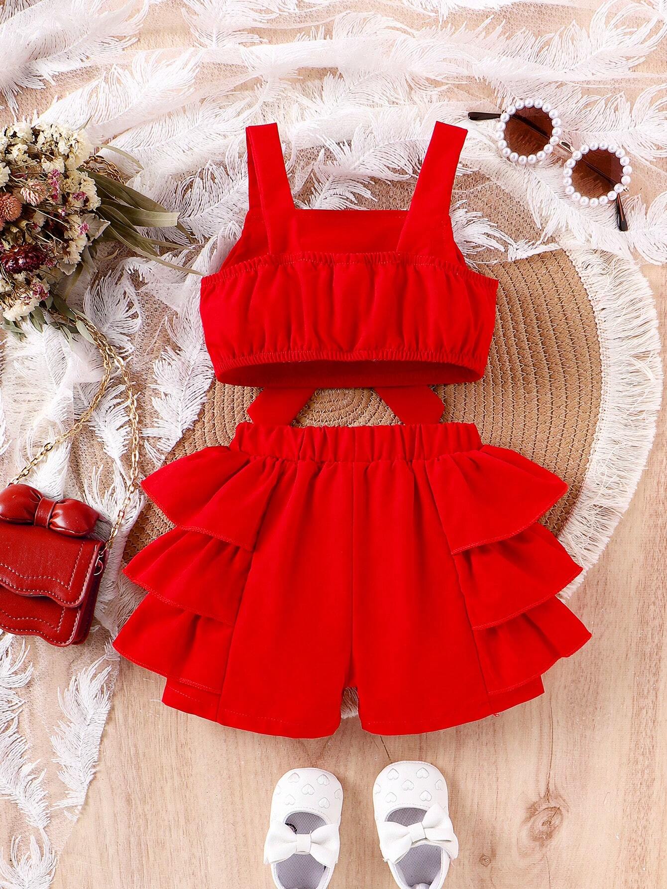 2pcs Girls Bow-Front Cami Top & Tiered Ruffle Shorts Set - Scarlet ...