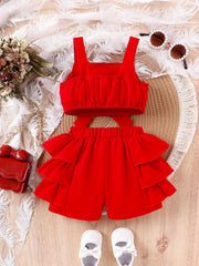 2pcs Girls Bow-Front Cami Top & Tiered Ruffle Shorts Set - Scarlet ...