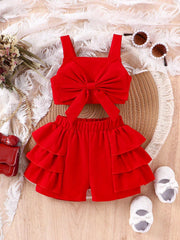 2pcs Girls Bow-Front Cami Top & Tiered Ruffle Shorts Set - Scarlet ...