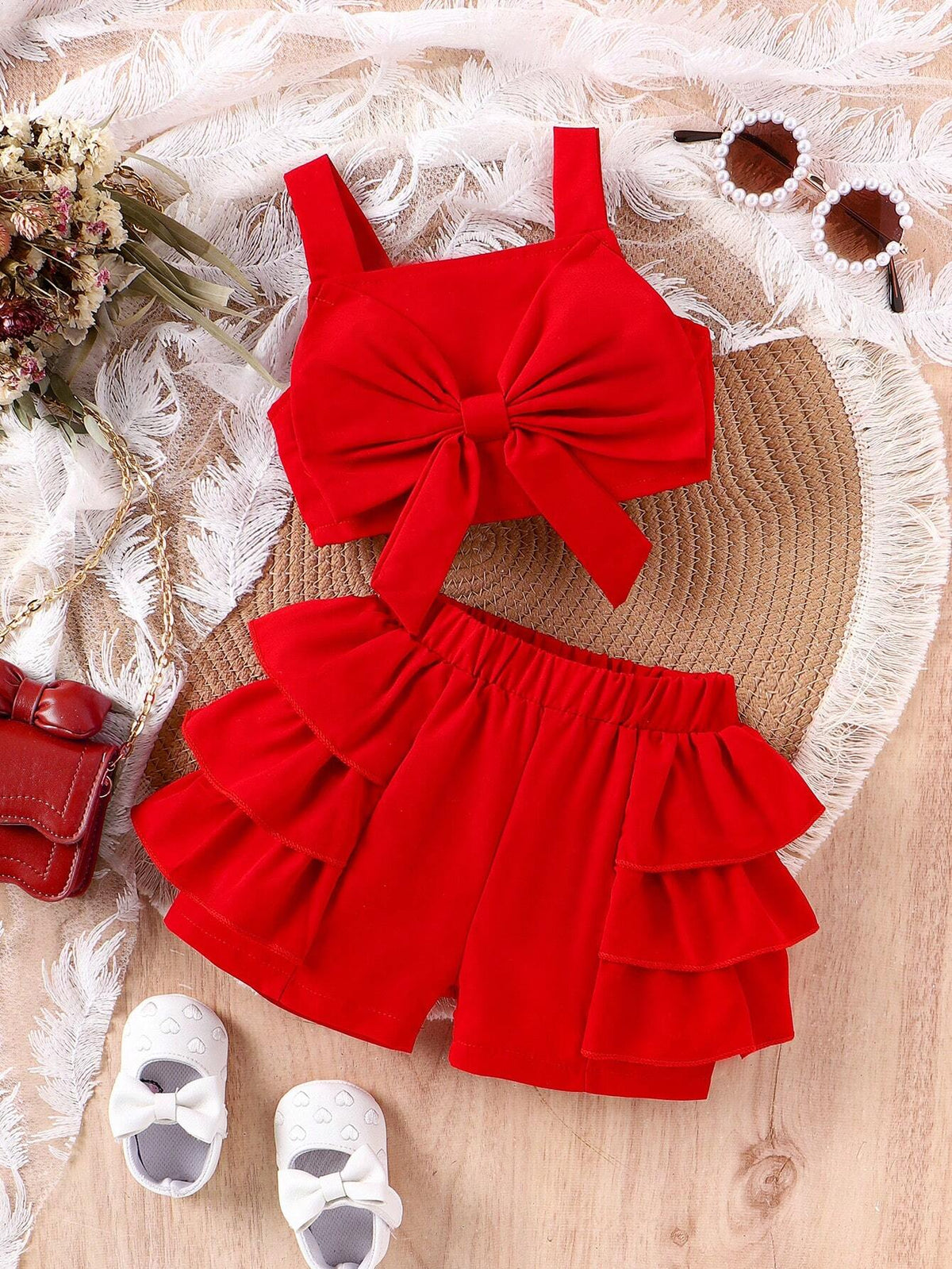 2pcs Girls Bow-Front Cami Top & Tiered Ruffle Shorts Set - Scarlet ...