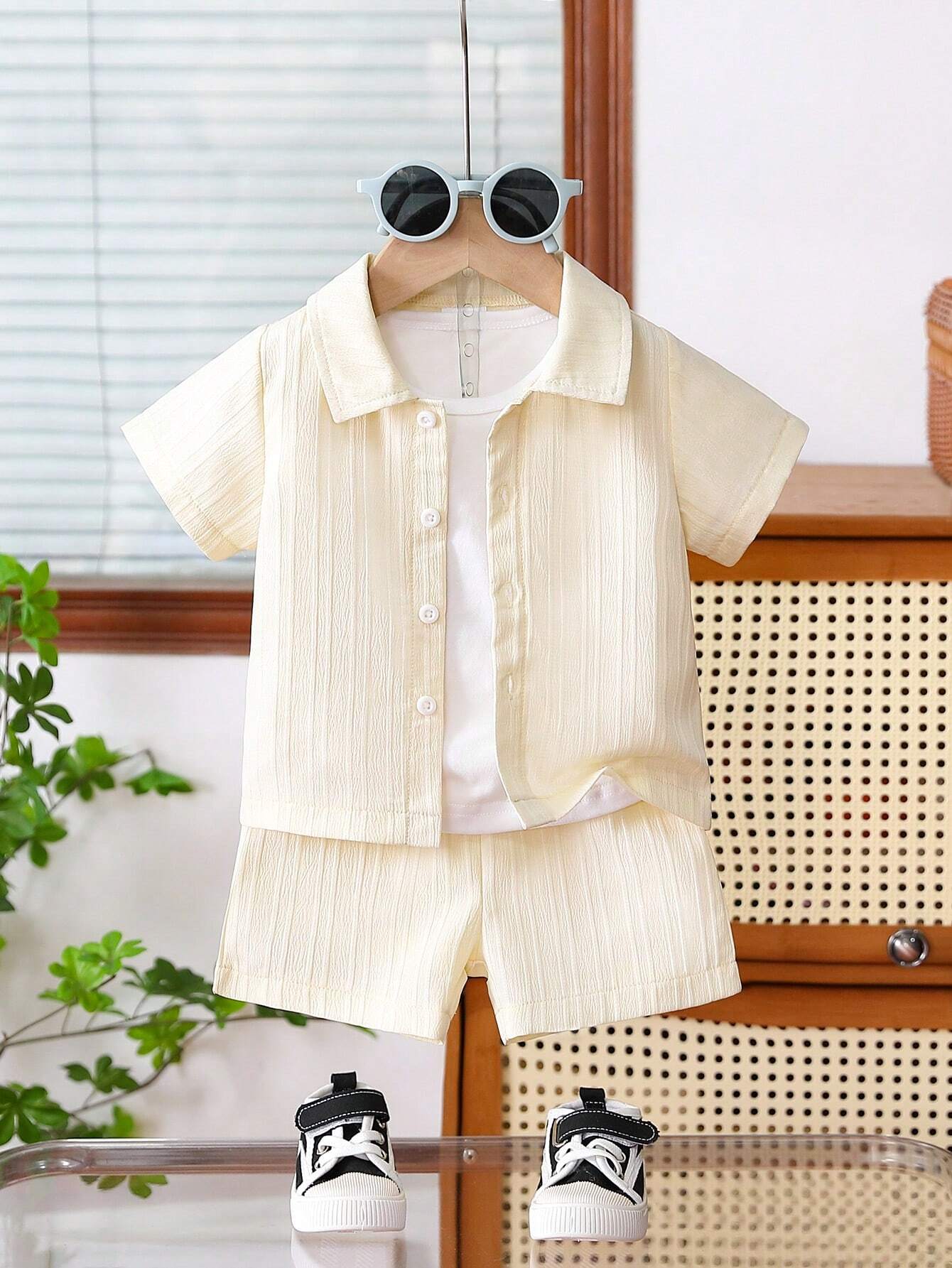 Boys Crinkle Woven Button-Down Shirt & Shorts Set - Champagne