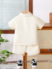 Boys Crinkle Woven Button-Down Shirt & Shorts Set - Champagne