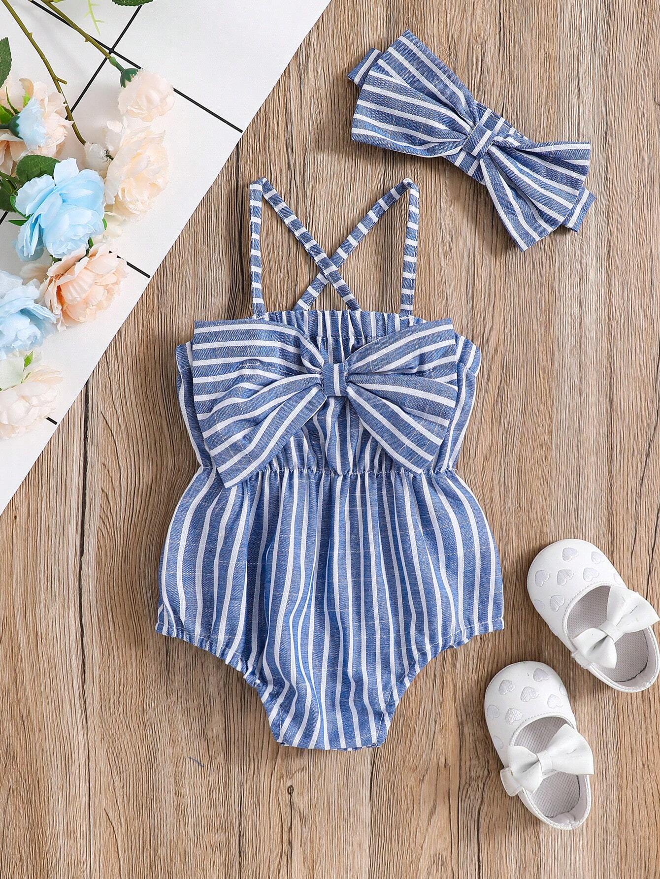 Baby Girls Striped Bow-Front Romper Set - Cerulean