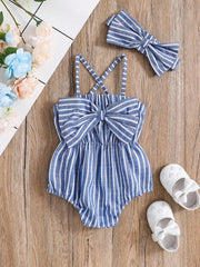 Baby Girls Striped Bow-Front Romper Set - Cerulean