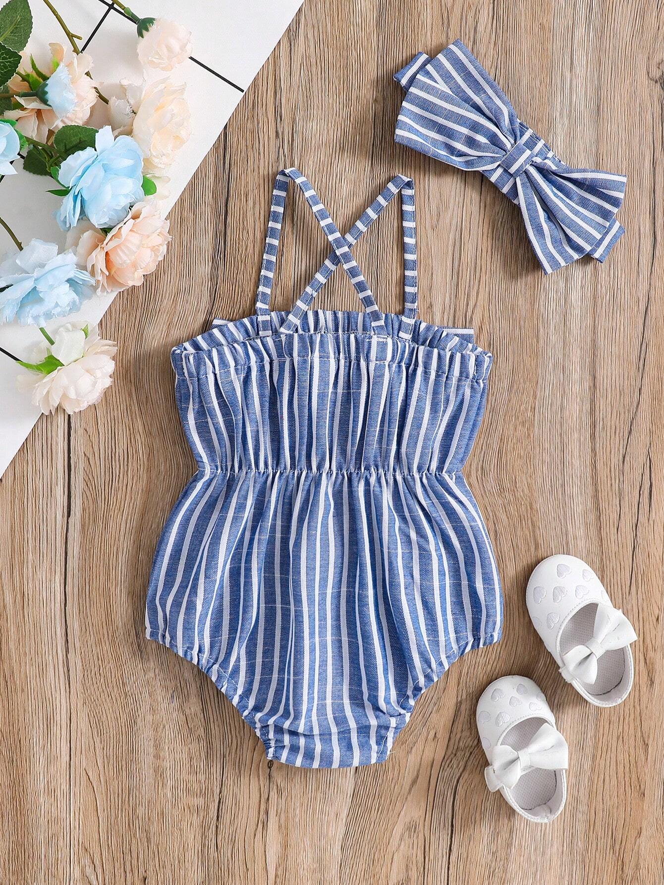 Baby Girls Striped Bow-Front Romper Set - Cerulean