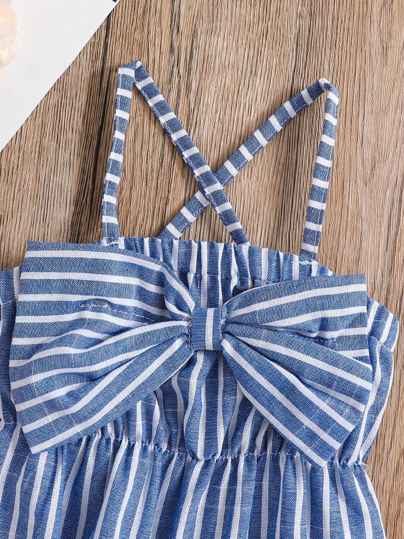 Baby Girls Striped Bow-Front Romper Set - Cerulean