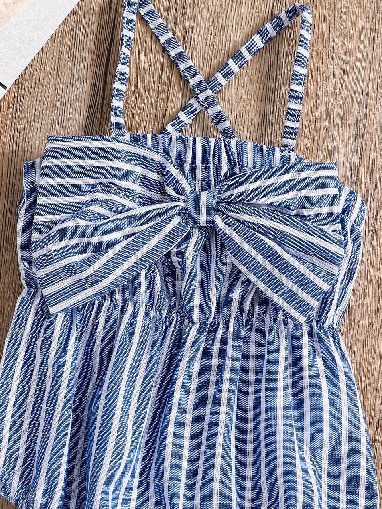 Baby Girls Striped Bow-Front Romper Set - Cerulean