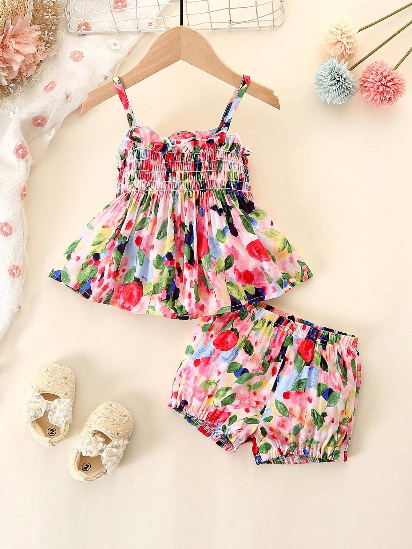 2pcs Girls Floral Shirred Cami Top & Shorts Set - Blush