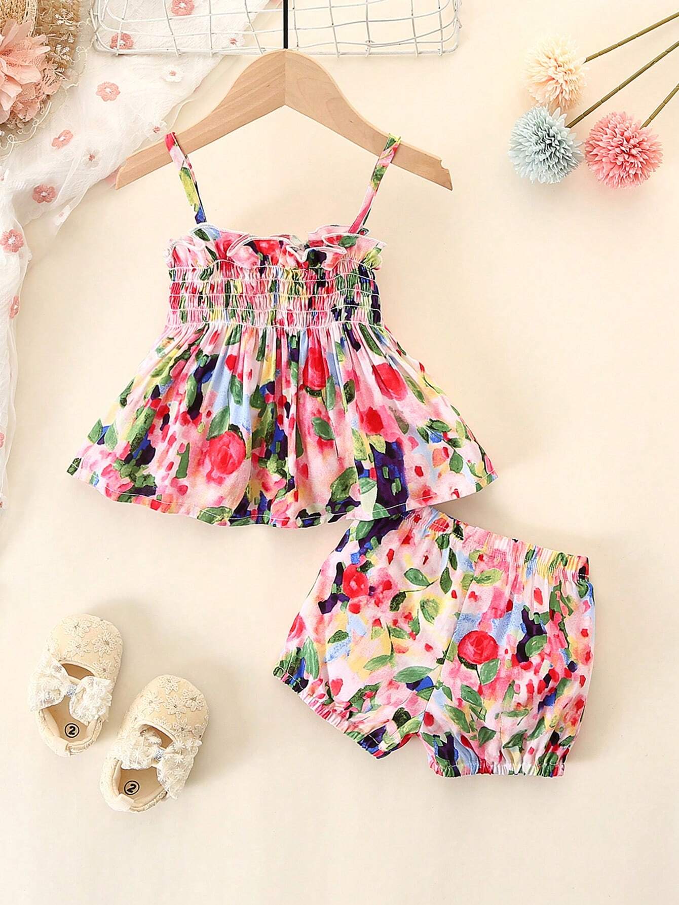 2pcs Girls Floral Shirred Cami Top & Shorts Set - Blush
