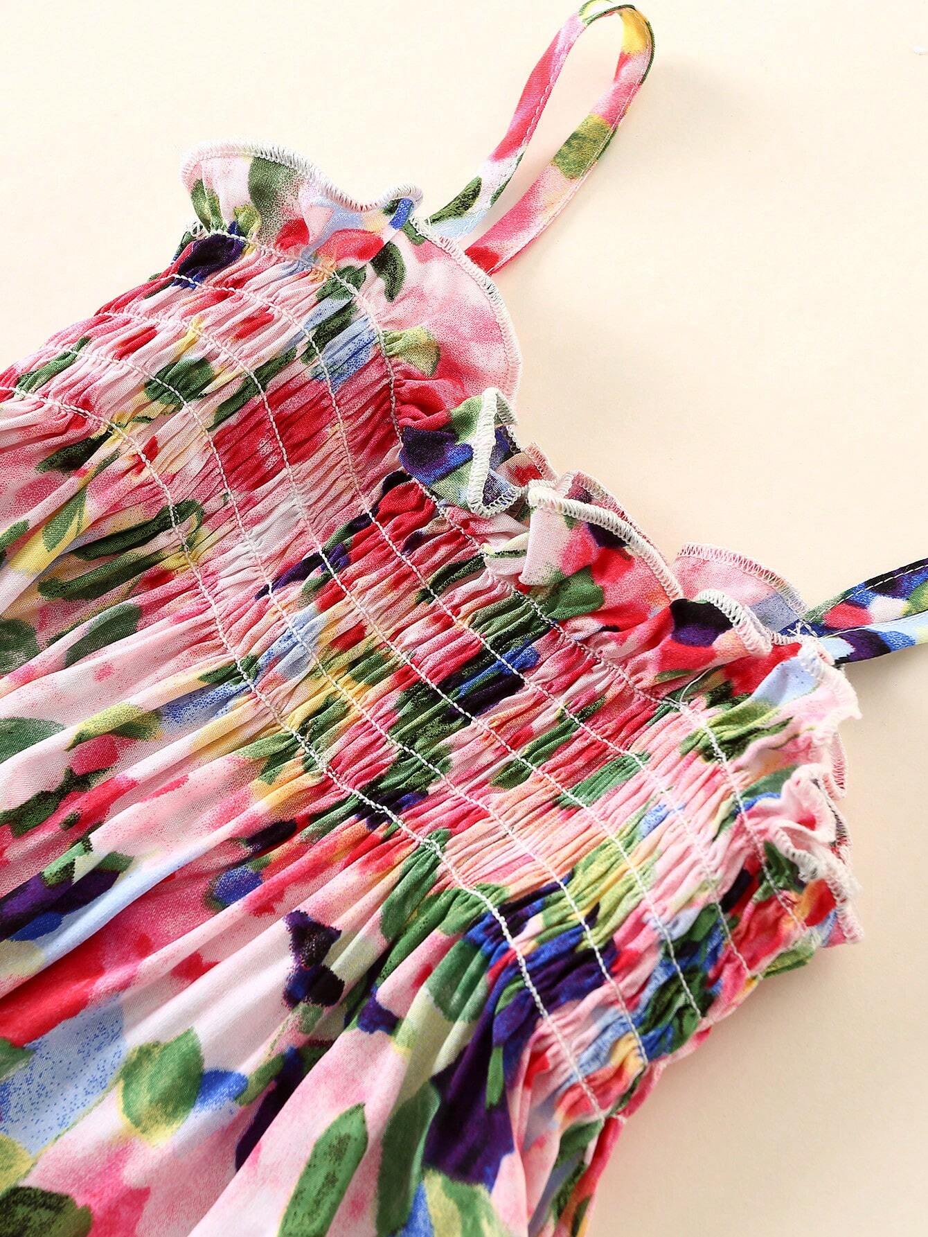 2pcs Girls Floral Shirred Cami Top & Shorts Set - Blush