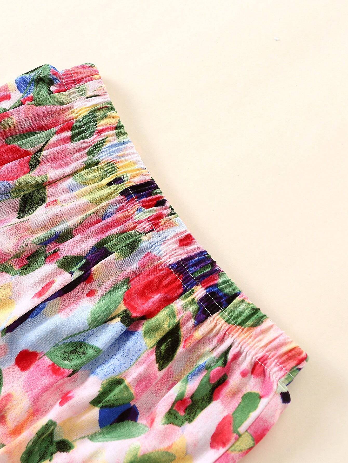 2pcs Girls Floral Shirred Cami Top & Shorts Set - Blush