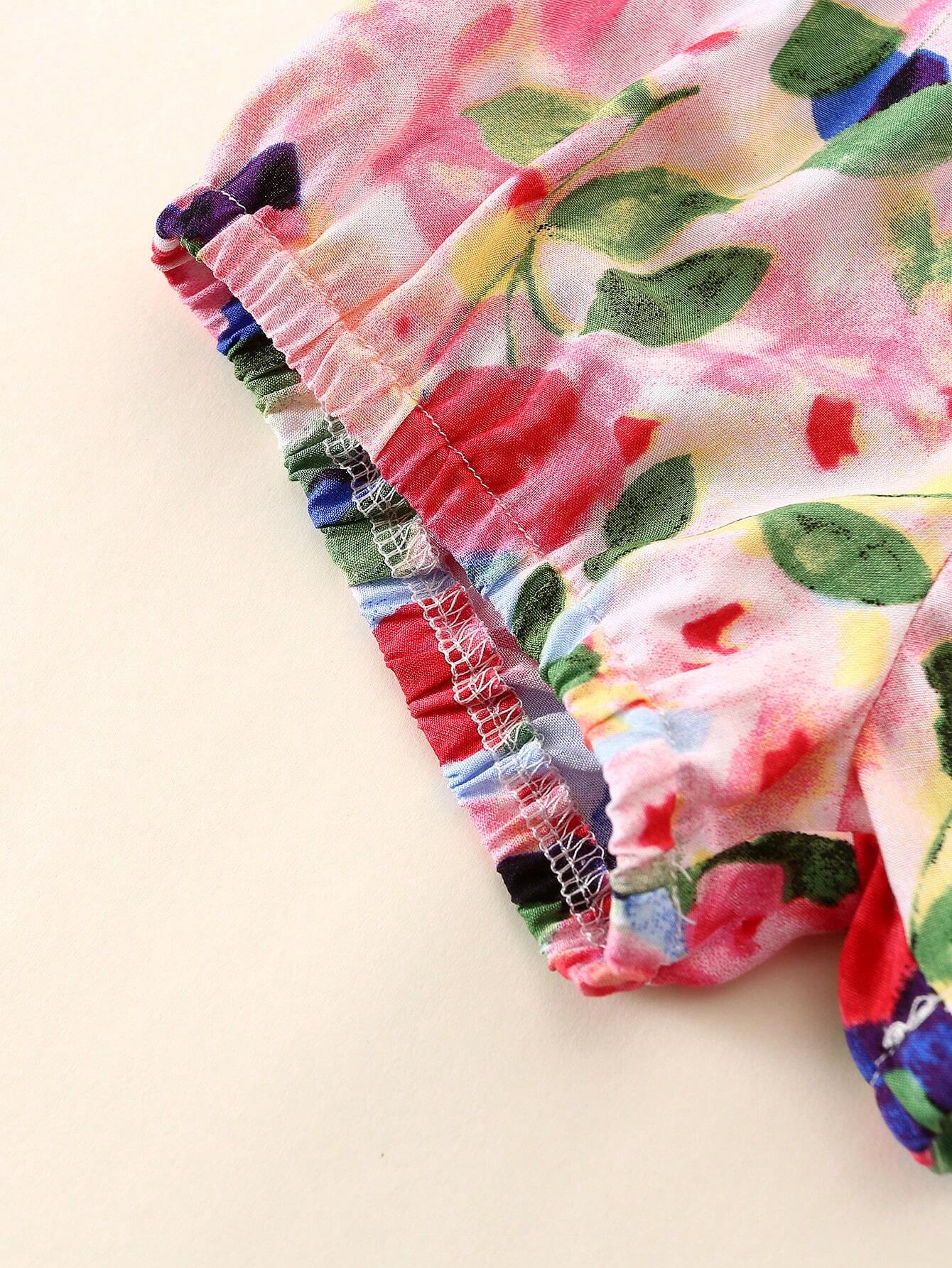 2pcs Girls Floral Shirred Cami Top & Shorts Set - Blush